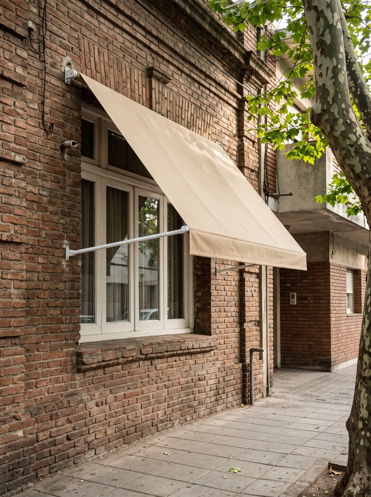 Toldo de lona beige tipo punto recto sobre la ventana de una casa de ladrillo