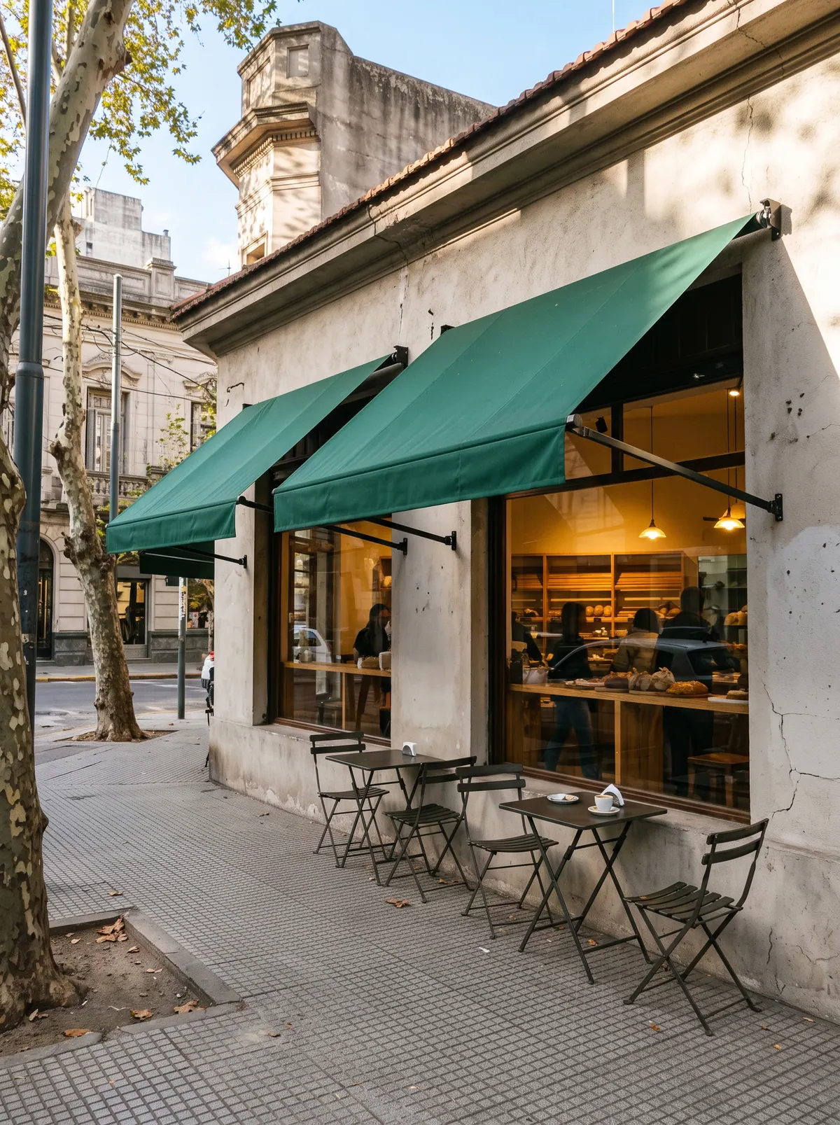 Toldos verdes sobre las vidrieras de un café de esquina con mesas en la vereda