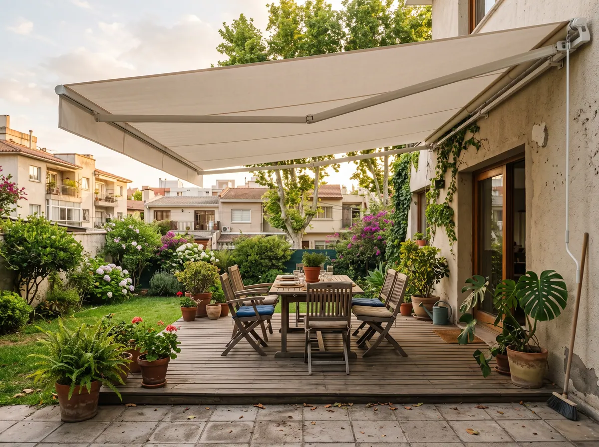 Toldo de brazo invisible extendido sobre el deck de un patio con mesa y plantas